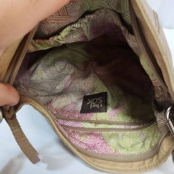 The SAK -Tan Leather Handbag Satchel Purse Woven Handle Outside zip Medium Boho - Picture 5 of 13